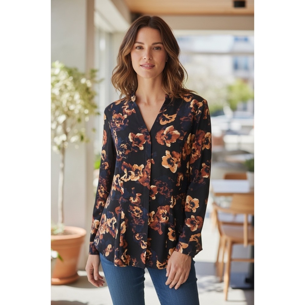 Simply‎ Vera Vera Wang Floral Print Button Front Long Sleeve Top Women's Small